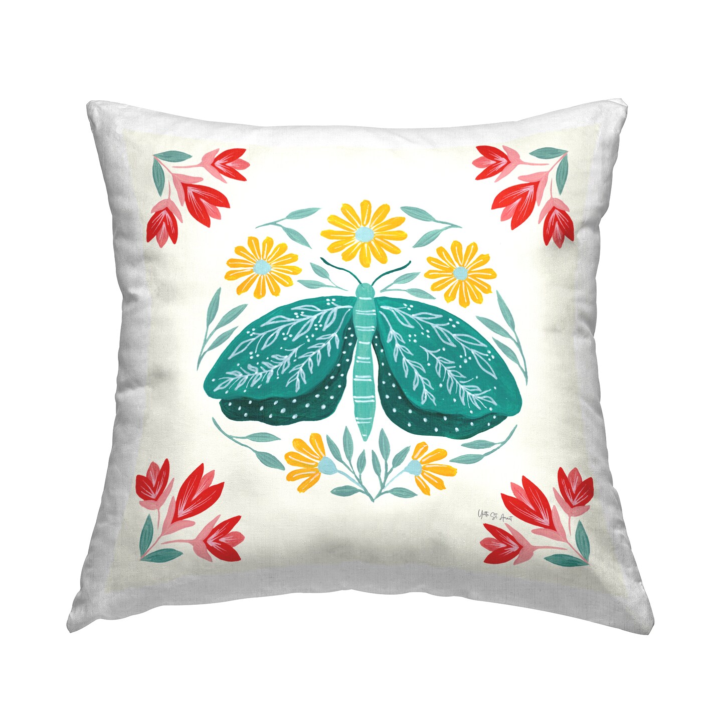 Green Folk Butterfly Decorative Printed Throw Pillow Design by Yvette St. Amant, 18 x 7 x 18
