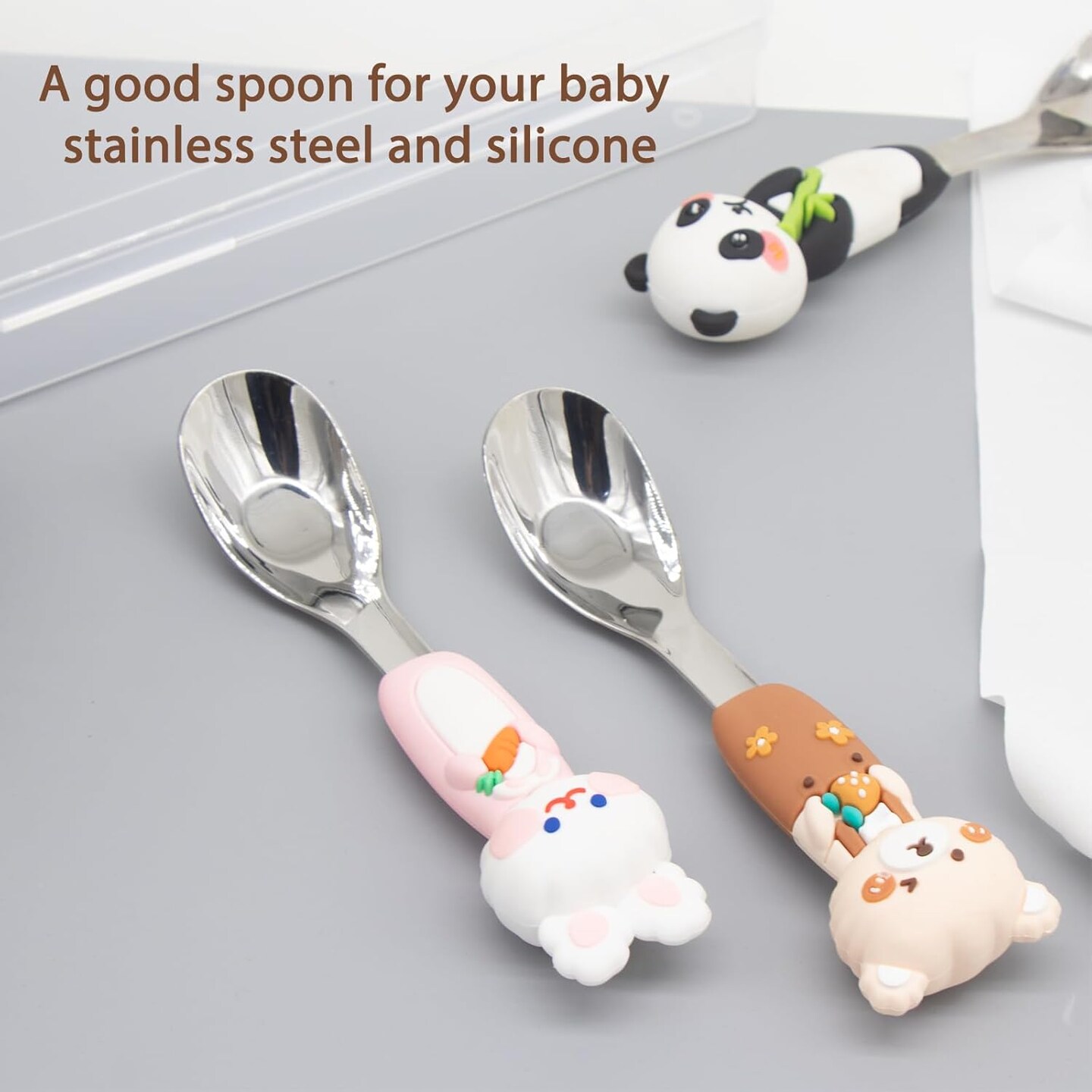 18/8 stainless steel children&#x27;s spoon set with storage box, silicone animal shaped handle, BPA free children&#x27;s travel silverware suitable for children aged 3-6 as Christmas gifts