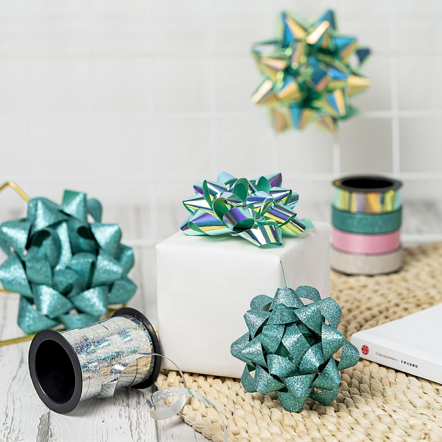 14 Pcs Gift Bows Assortment - 12 Multi Colored Assorted Size Gift Bows (Silver, Green, White, Pink, Blue) and 2 Crimped Curling Ribbons, Perfect for Christmas, Holiday, Party