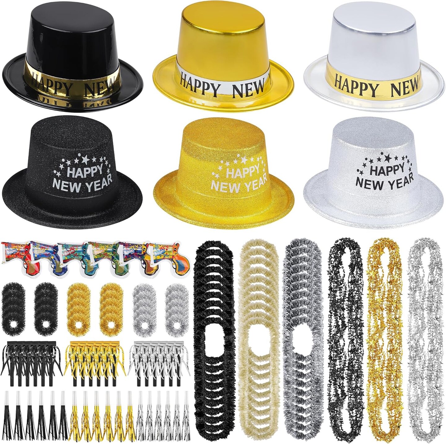 288 Pieces 2025 New Years Eve Party Supplies Includes Top Hats Noisemakers Horns Confetti Shooters Sequin Ribbon Bracelet Bead Necklaces Plastic Leis for New Year Party Favors