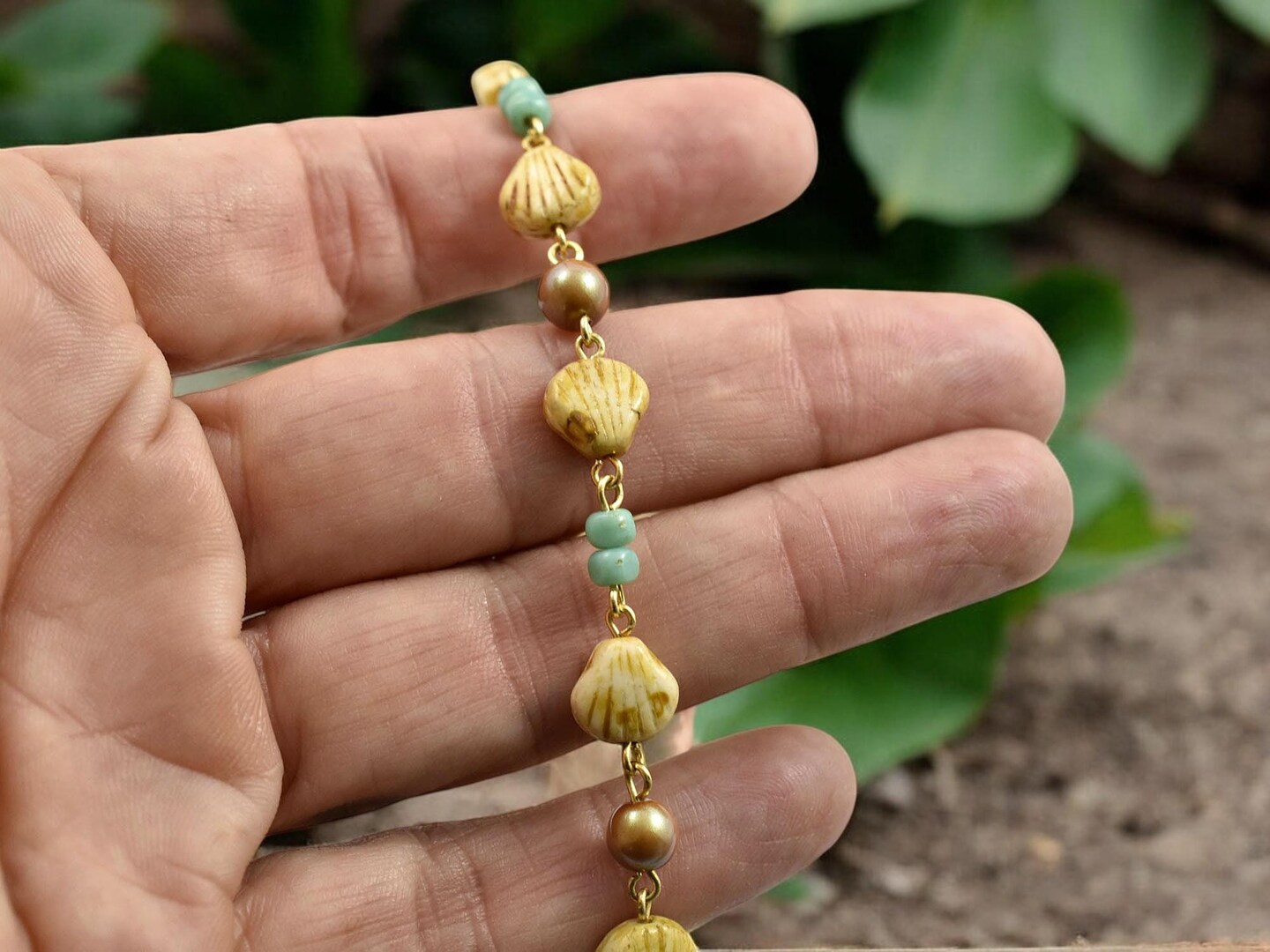 Alabaster Travertine Sea Shell Beaded Chain - Sold by the foot