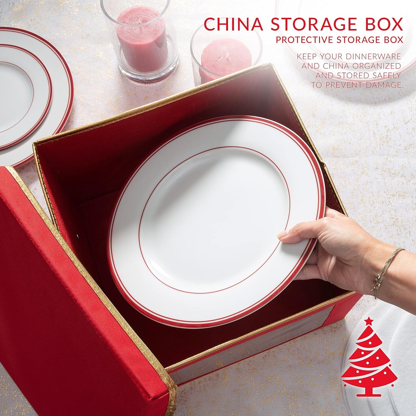 Holiday Dinner Plate Dinnerware Storage Box | 12.2 Inch | Christmas China | 12 Felt Dividers | Tableware Setting | Red