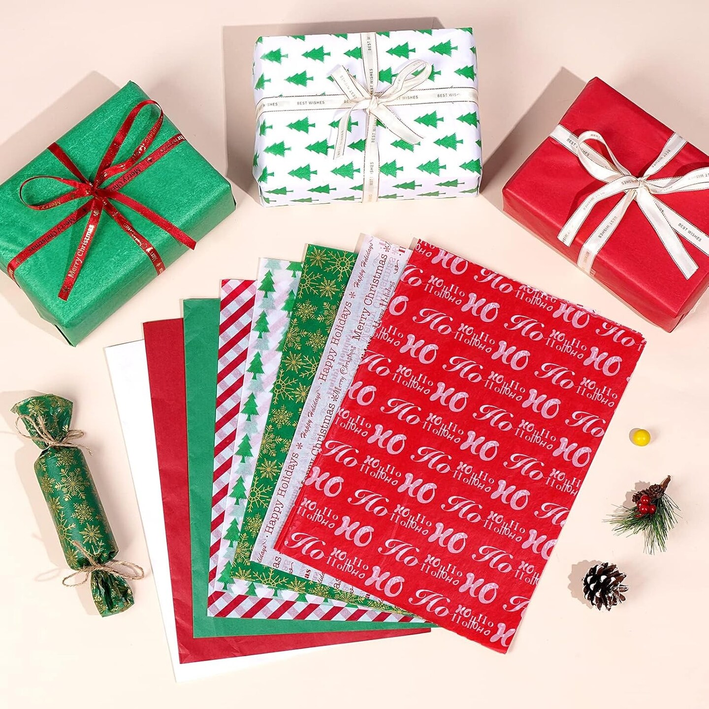Tissue Paper for Gift Bags 110 Sheets 13.8&#x27;&#x27; x 19.7&#x27;&#x27; Christmas Tissue Paper for Gift Wrapping, 8 Different Designs Christmas Wrapping Paper Bulk for DIY Crafts Holiday Decor (110)