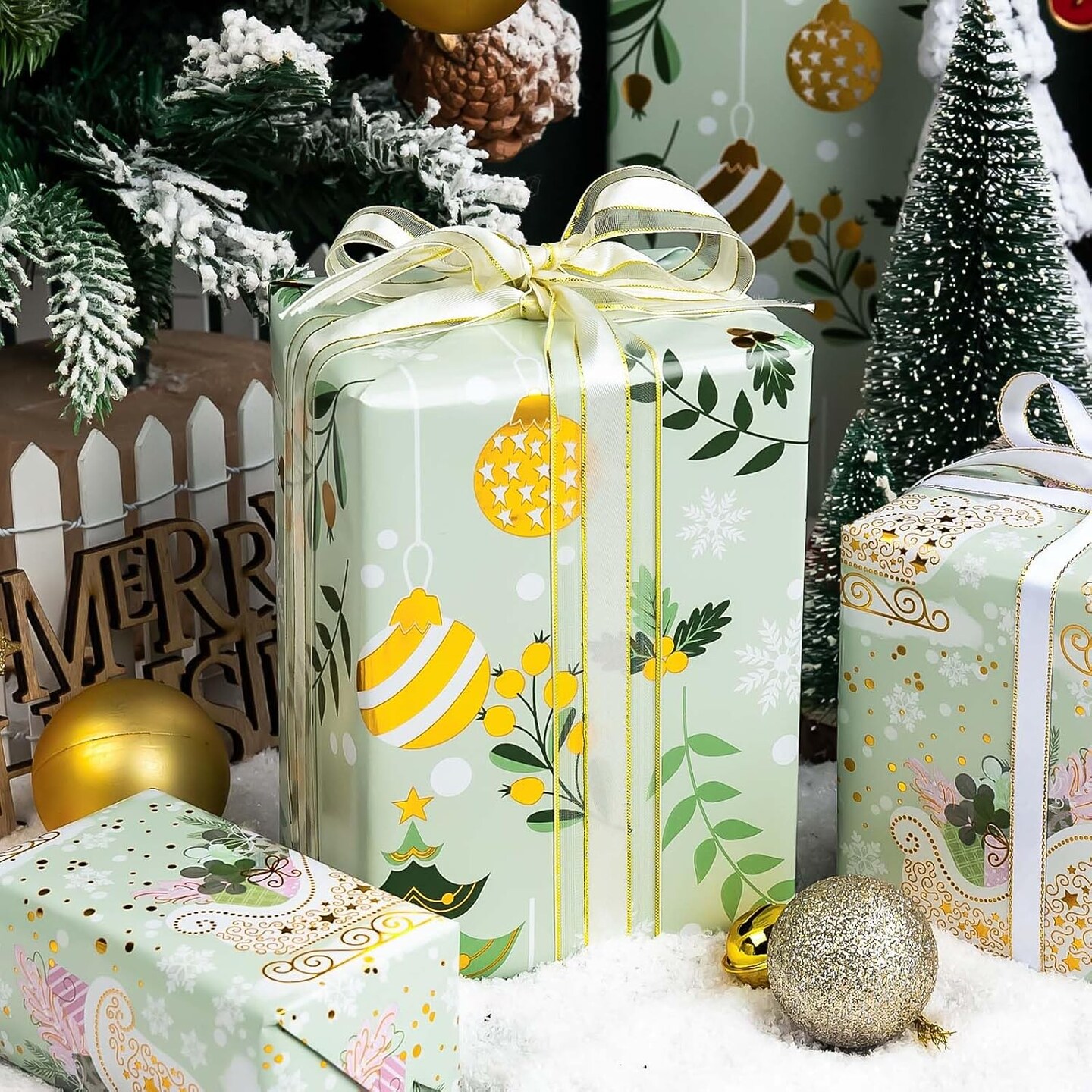 Christmas Wrapping Paper Roll - 3 Mini Rolls - 17 Inch x 120 Inch Per Roll - Cute Reindeer/Gold Christmas Balls/White Snowflake/Sleigh Design Gift Wrap