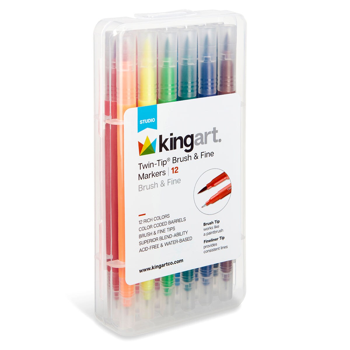 KINGART® Twin-Tip™ Brush & Fine Markers, Set of 12 Unique Colors