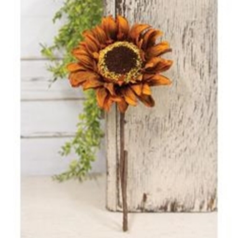 19&#x22;H Burnt Orange Fabric Sunflower with Brown Wrapped Wire Stem