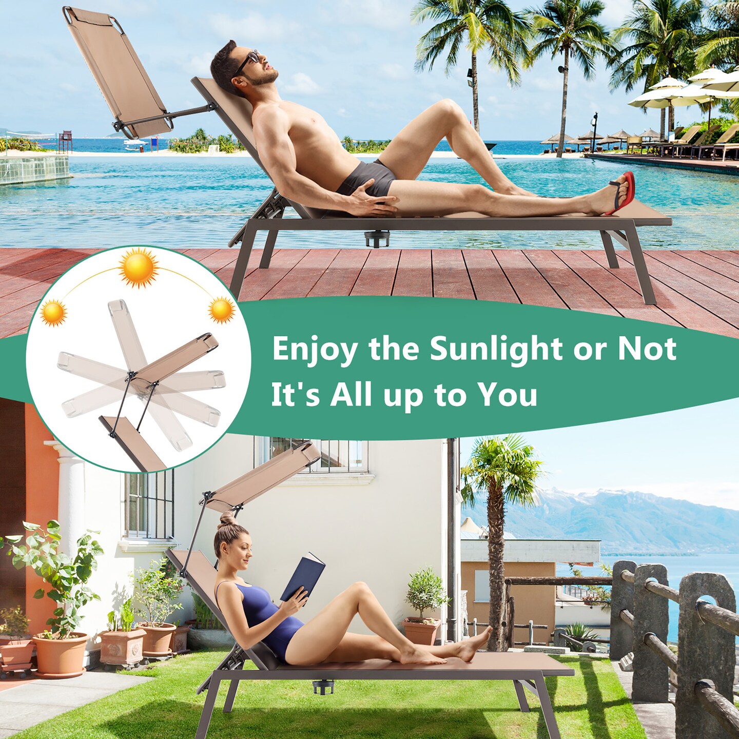 Costway Outdoor Chaise Lounge Chair with Sunshade 6-Level Adjustable Recliner Backyard