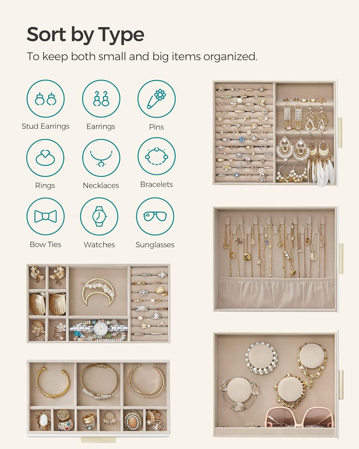 Jewelry Box with Glass Window, 5-Layer Jewelry Organizer with 3 Side Drawers, Jewelry Storage, with Big Mirror, Christmas Gift, 6.1 x 10.3 x 12.6 Inches, Cloud White and Metallic Gold