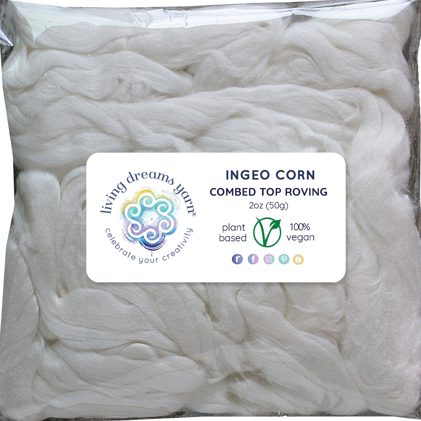 2oz Ingeo Corn Fiber: Natural White Undyed Combed Top Roving. Plant Based, Eco Friendly, Vegan