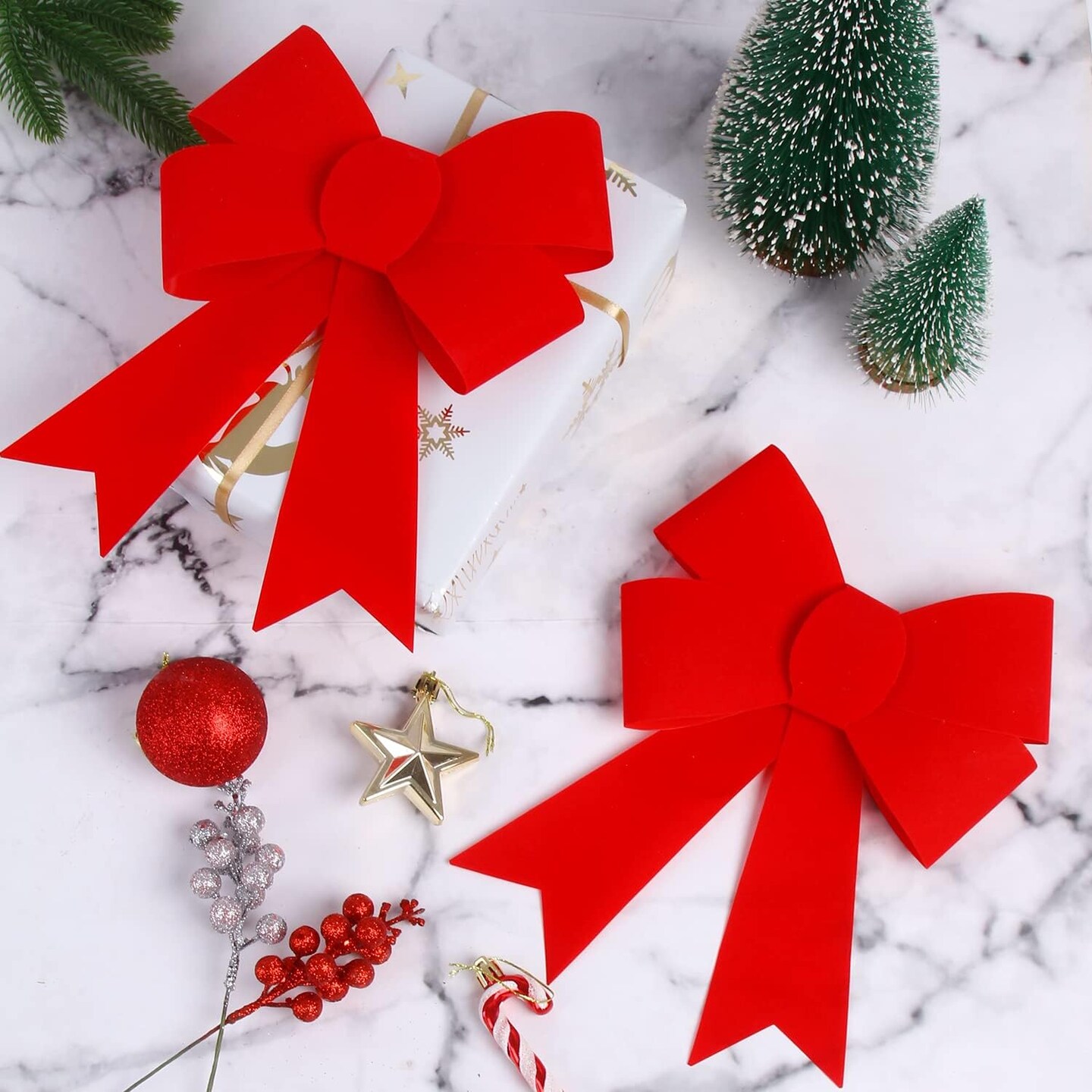 6PCS Large Red Christmas Bows,11 x 8 Inches PVC Velvet Christmas Wreath Bows for Xmas Tree Party Decoration