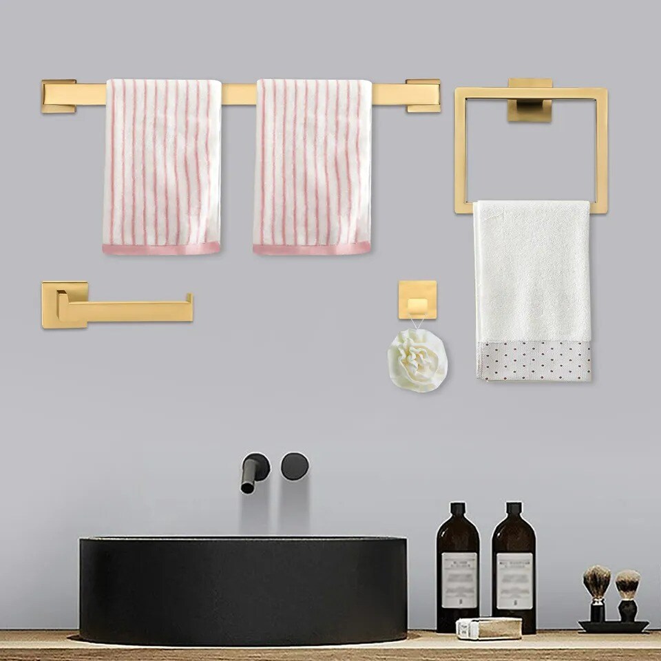 4 Piece Gold Wall Mounted Bathroom Storage Accessories 304 Stainless Steel