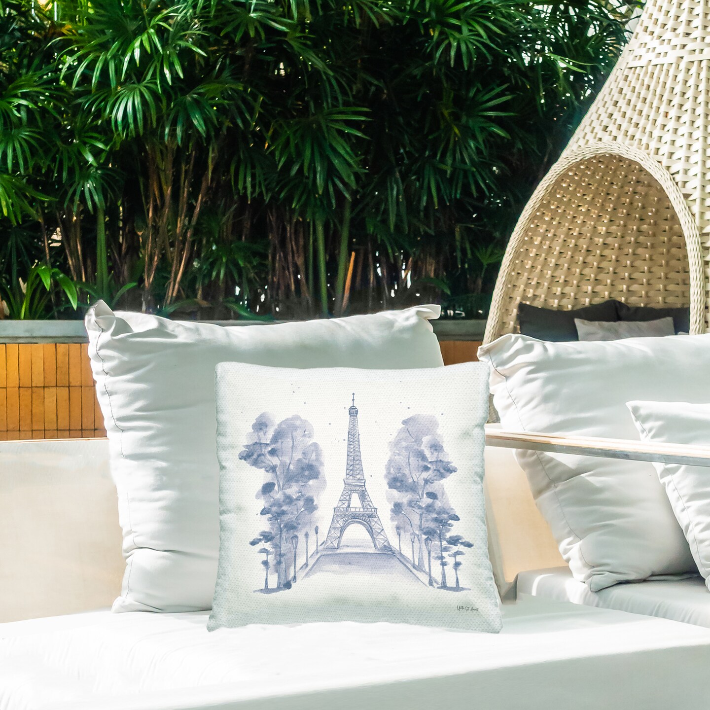 Eiffel Tower Watercolor Outdoor Printed Pillow Design by Yvette St. Amant, 18 x 7 x 18