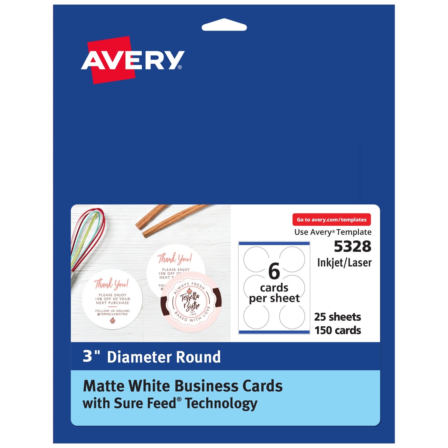 Avery Round Business Cards with Sure Feed Technology, 3&#x22; Diameter, Matte White, 150 Round Cards Total, Print-to-the-Edge, Laser/Inkjet Printable Cards (5328)