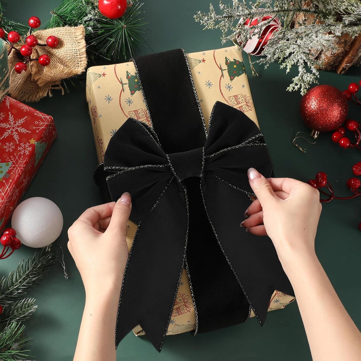 2 Rolls Christmas Velvet Ribbon 2.5 Inch 20 Yards Xmas Velvet Wired Ribbon with Gold Edge for Christmas Tree Decorations Wreath Bow Making (Black)
