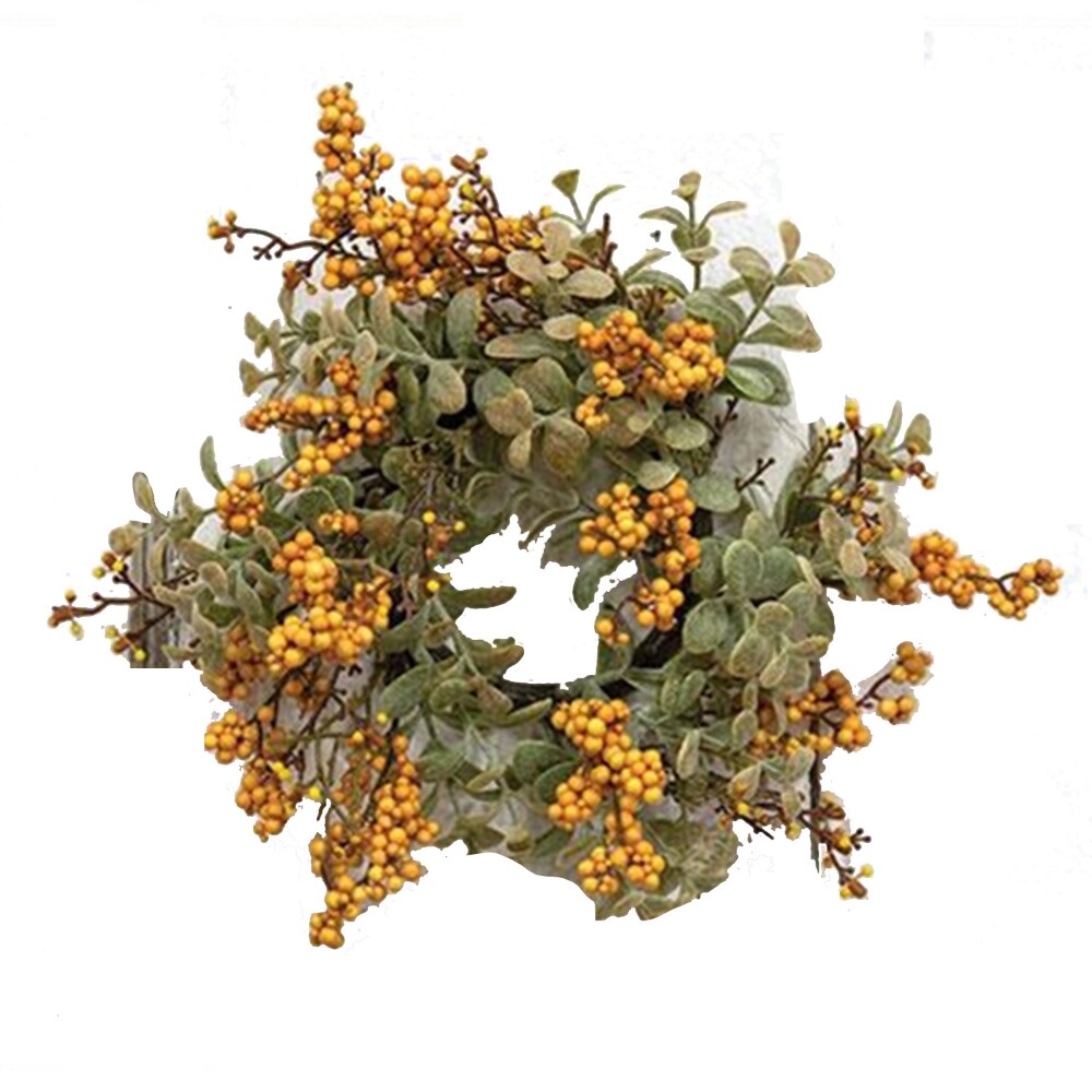 3&#x22; Mustard Pebble Creek Candle Ring with Foam Berries and Green Plastic Leaves