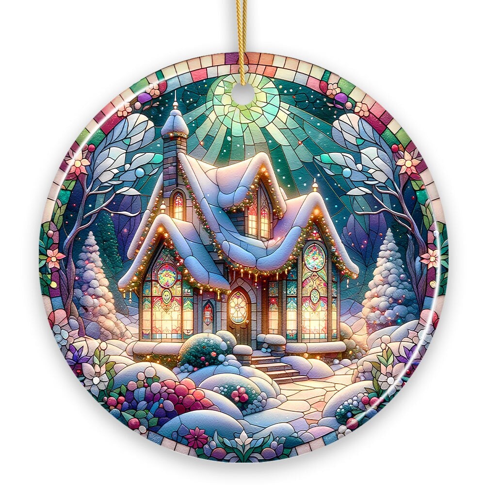 Whimsical Cottage Stained Glass Style Ceramic Ornament, Christmas Gift and Decor