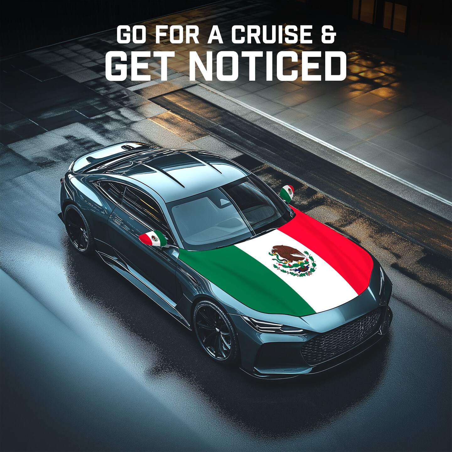 G128 Combo Pack: Mexico Mexican Car Hood Cover 3.94x5.25 Ft & 2PK Mexico Mexican Car Side View Mirror Cover 5.9x8.66 In | Both Washable Elastic Weatherproof Polyester | Show Your Enthusiasm and Pride