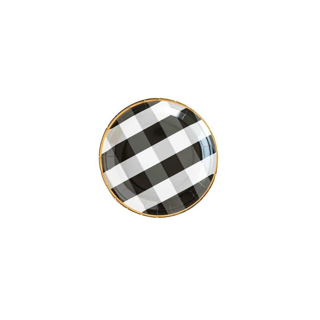 Stylish 9" Black & White Buffalo Plaid Plates with Gold Trim – Elegant Disposable Dinnerware for Any Event