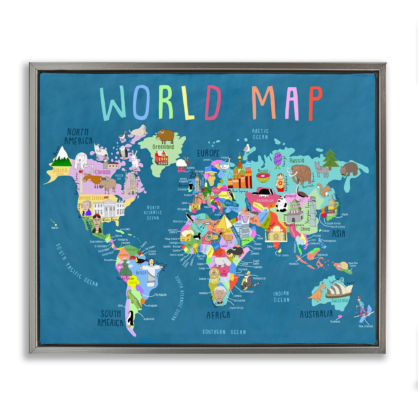 Stupell Industries World Map with Landmarks Framed Floater Canvas Wall Art Design by Carla Daly