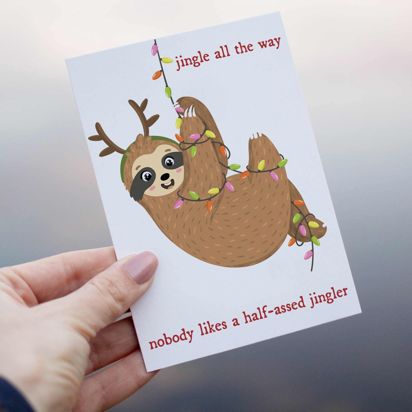 Funny Sloth Christmas Greeting Cards – Jingle All The Way Holiday Notecards Bulk Pack, Boxed Set of 24 Blank Cards with Envelopes