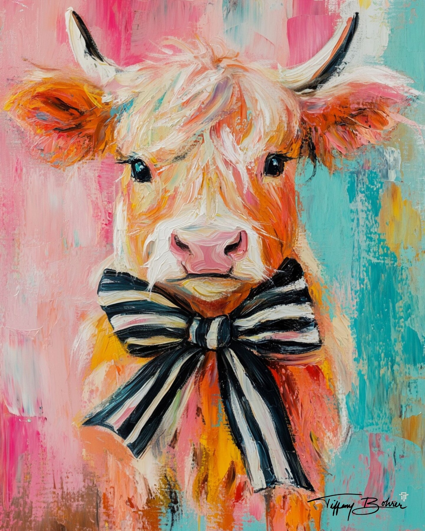 Big Bow Highland Cow - Giclee Fine Art Print on Heavy Fine Art Paper - Original Art by Tiffany Bohrer, Tipsy