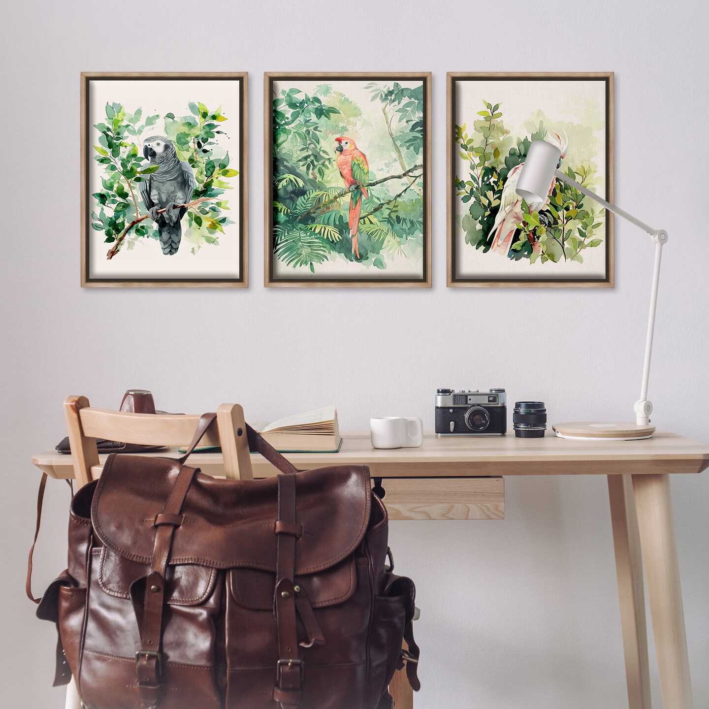 Stupell Industries Tropical Parrots in Jungle 3 pc Framed Floater Canvas Wall Art Set Design by LSR Design Studio