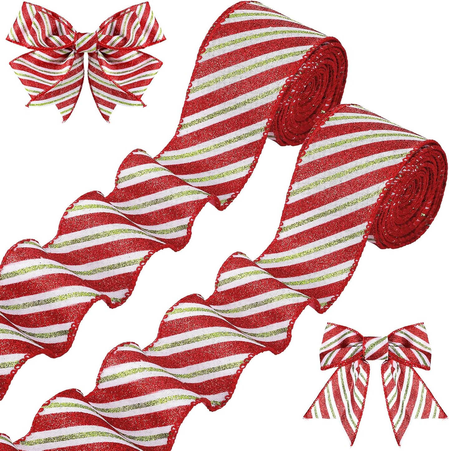 2 Rolls Christmas Wired Ribbon Red Green Stripe Glitter Ribbon Xmas Wrapping Burlap Decor for Home Party DIY Craft Bows, 2.5 Inch 20 Yards (White)