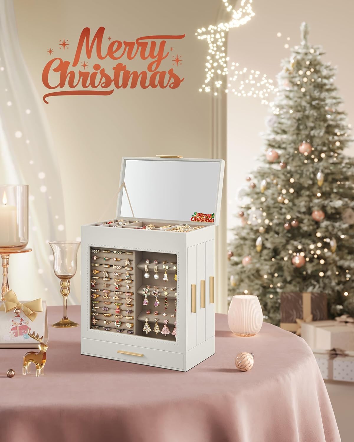 Jewelry Box with Glass Window, 5-Layer Jewelry Organizer with 3 Side Drawers, Jewelry Storage, with Big Mirror, Christmas Gift, 6.1 x 10.3 x 12.6 Inches, Cloud White and Metallic Gold