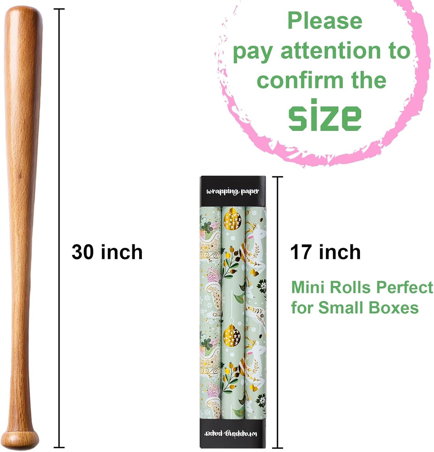 Christmas Wrapping Paper Roll - 3 Mini Rolls - 17 Inch x 120 Inch Per Roll - Cute Reindeer/Gold Christmas Balls/White Snowflake/Sleigh Design Gift Wrap