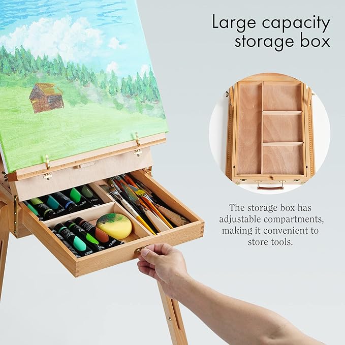 ARTIFY French Easel, Foldable Portable Art Field Easel with Artist Drawer, Palette, Hold Canvas up to 34&#x22;, Adjustable Beechwood Sketchebox Easel for Painting