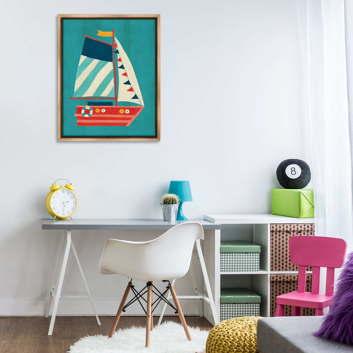 Stupell Industries Striped Sailboat on Blue Framed Floater Canvas Wall Art Design by Irene Chan