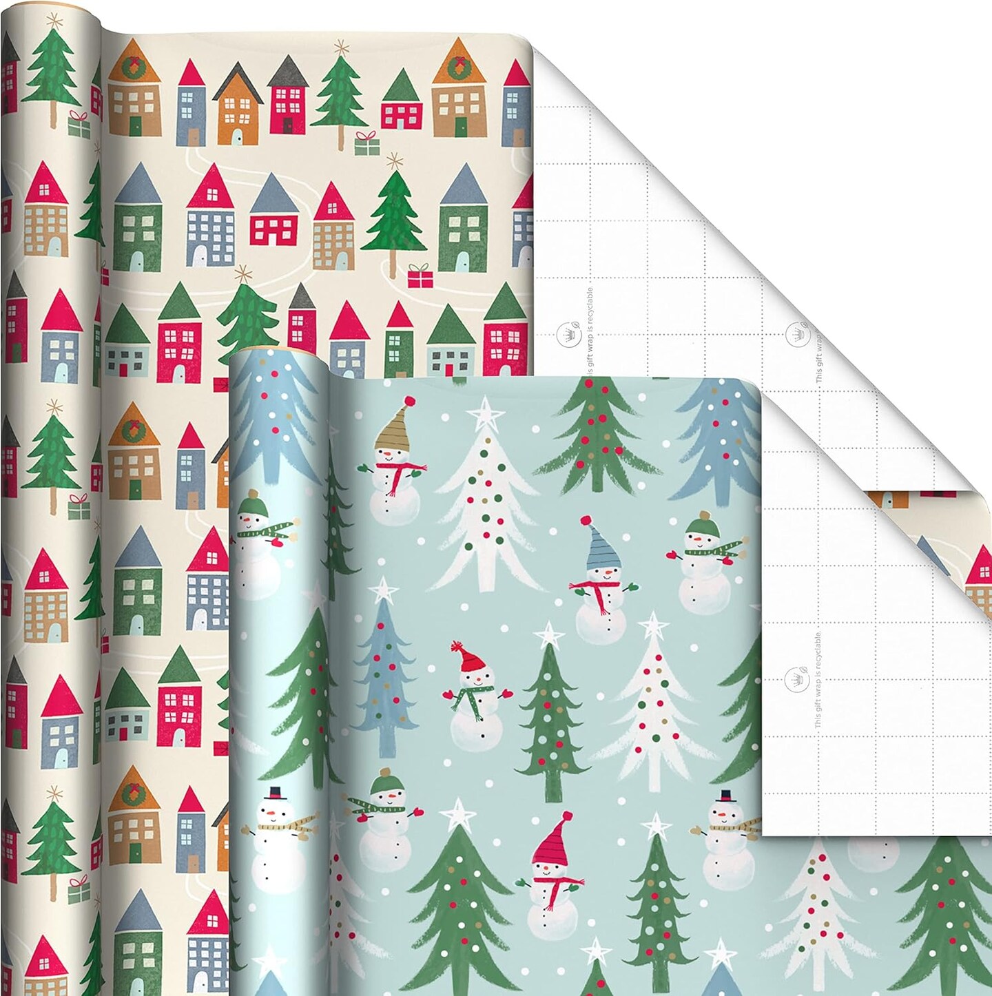 Cute Recyclable Christmas Wrapping Paper (6 Rolls: 180 Sq. Ft. Total) Red, Blue, Green Plaid, Merry Everything, Colorful Houses, Snowmen and Trees, Dots, Stripes