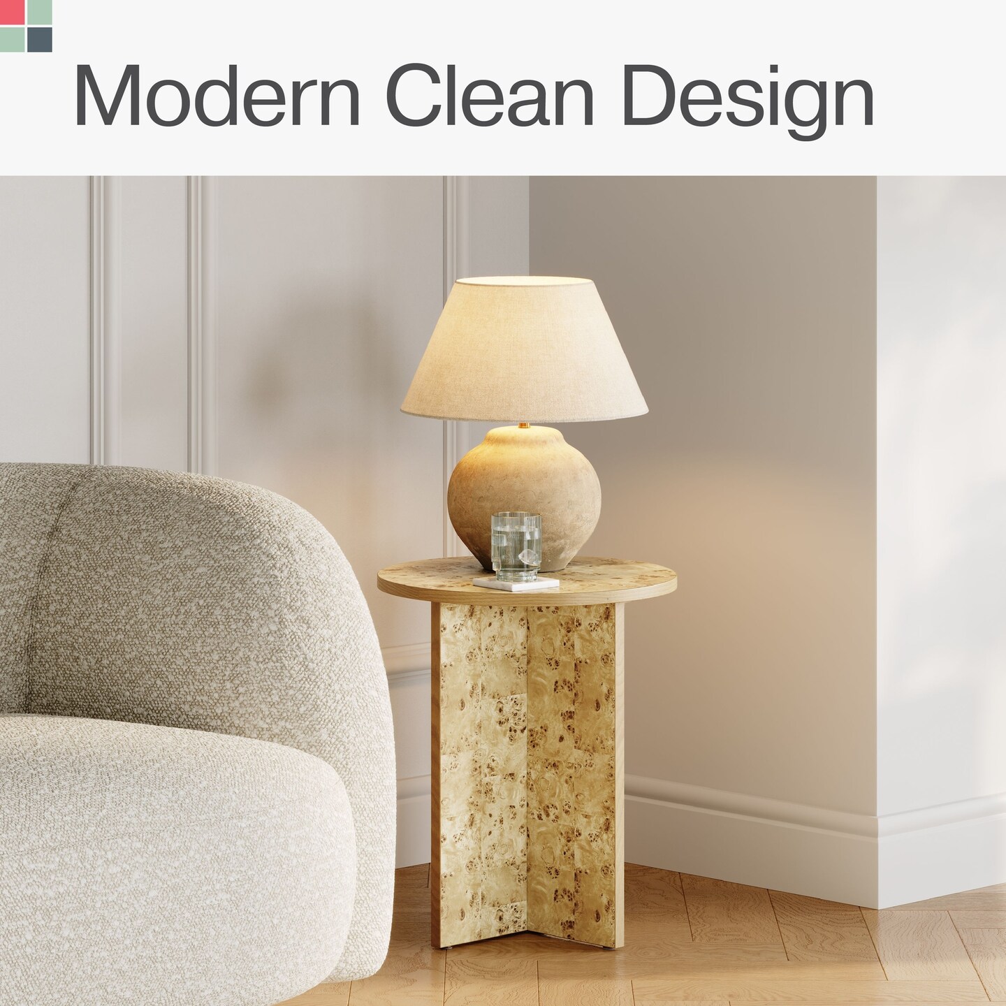 Round Burl Wood Side Table - Modern Home, Bedroom, and Living Room Furniture - Wooden Nightstand - 16 Inch End Desk - Small Wooden Accent Table - Solid Base and Wood Grain Veneer Finish (Burl)
