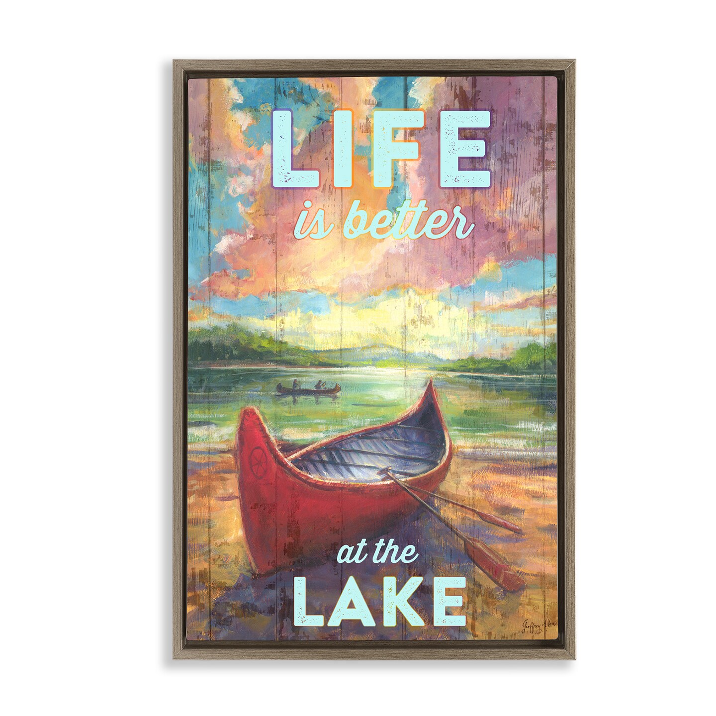 Stupell Industries Life At Lake with Canoe Framed Floater Canvas Wall ...