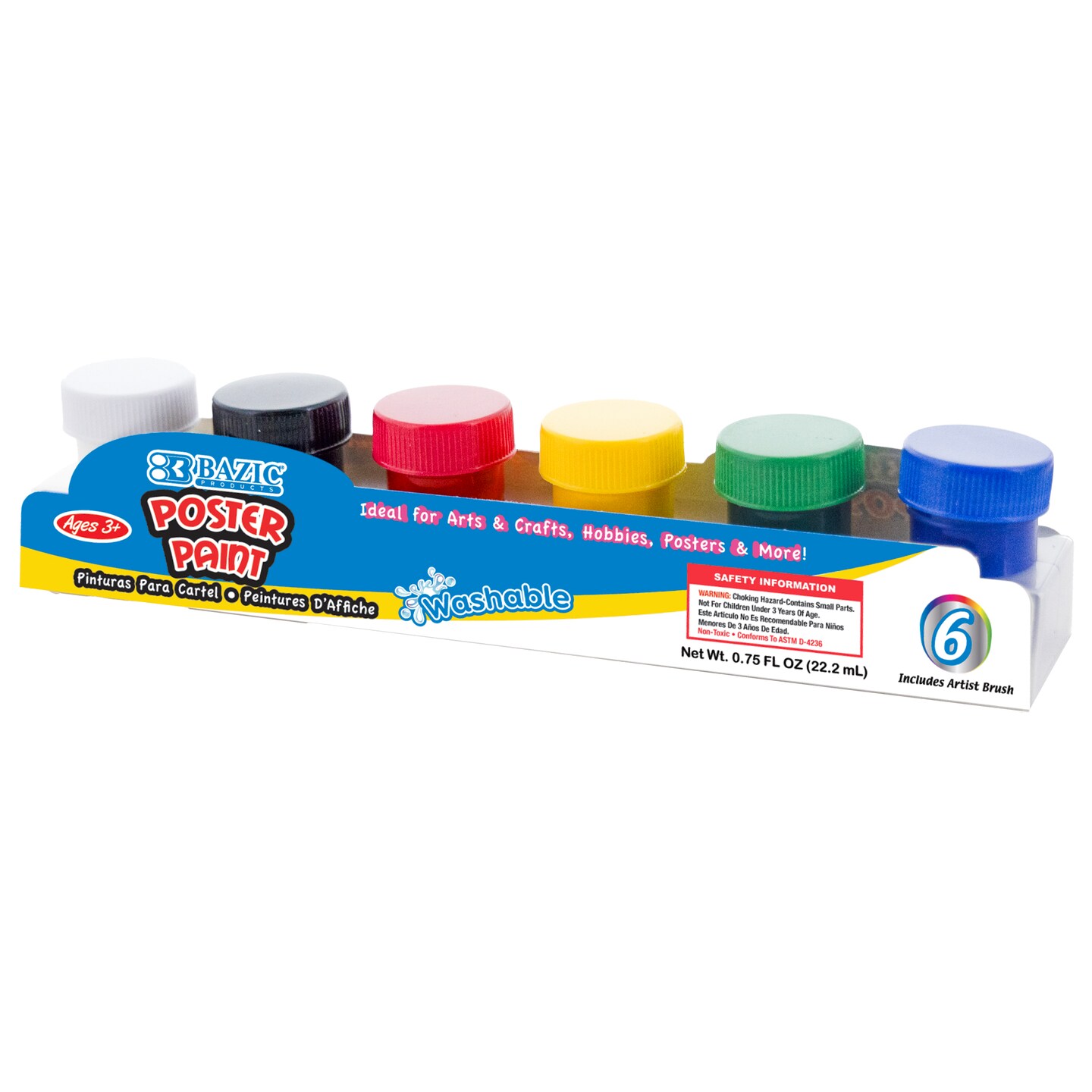 BAZIC Poster Paint Washable w/ Brush 6 Color 0.75 Oz (22.2 mL)