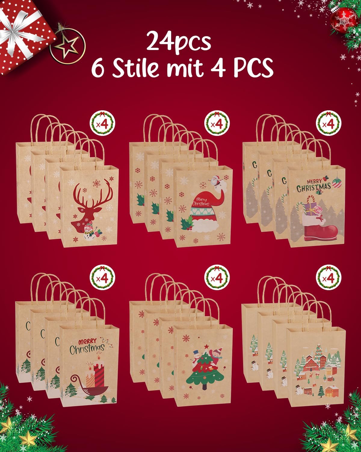 24 Pack Christmas Gift Bags, 6 Designs Christmas Kraft Paper Bags, 8.26x5.90x3.14 Inches with Handles Xmas Gift Bags, Suitable for Holiday Kraft Paper Gift Bags, Reusable Christmas Gift Bags