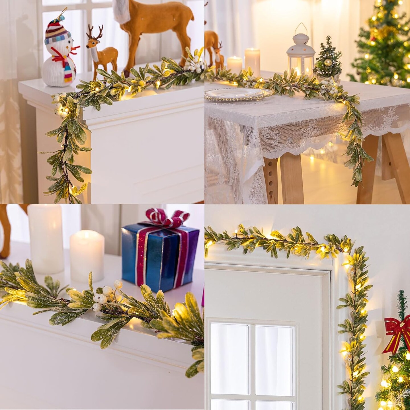 6.2FT Pre-lit Christmas Garland with 20 LED Lights, Battery Operated, Flocked Olive Lighted Garland with Snowflakes for Mantle Stairs, Indoor&Outdoor, Greenery Garland Christmas Decorations