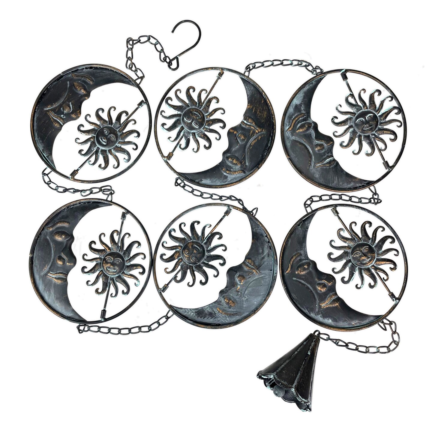 80-Inch Metal Rain Chain - 6 Celestial Crescent Moon &#x26; Suns, Aged Finish