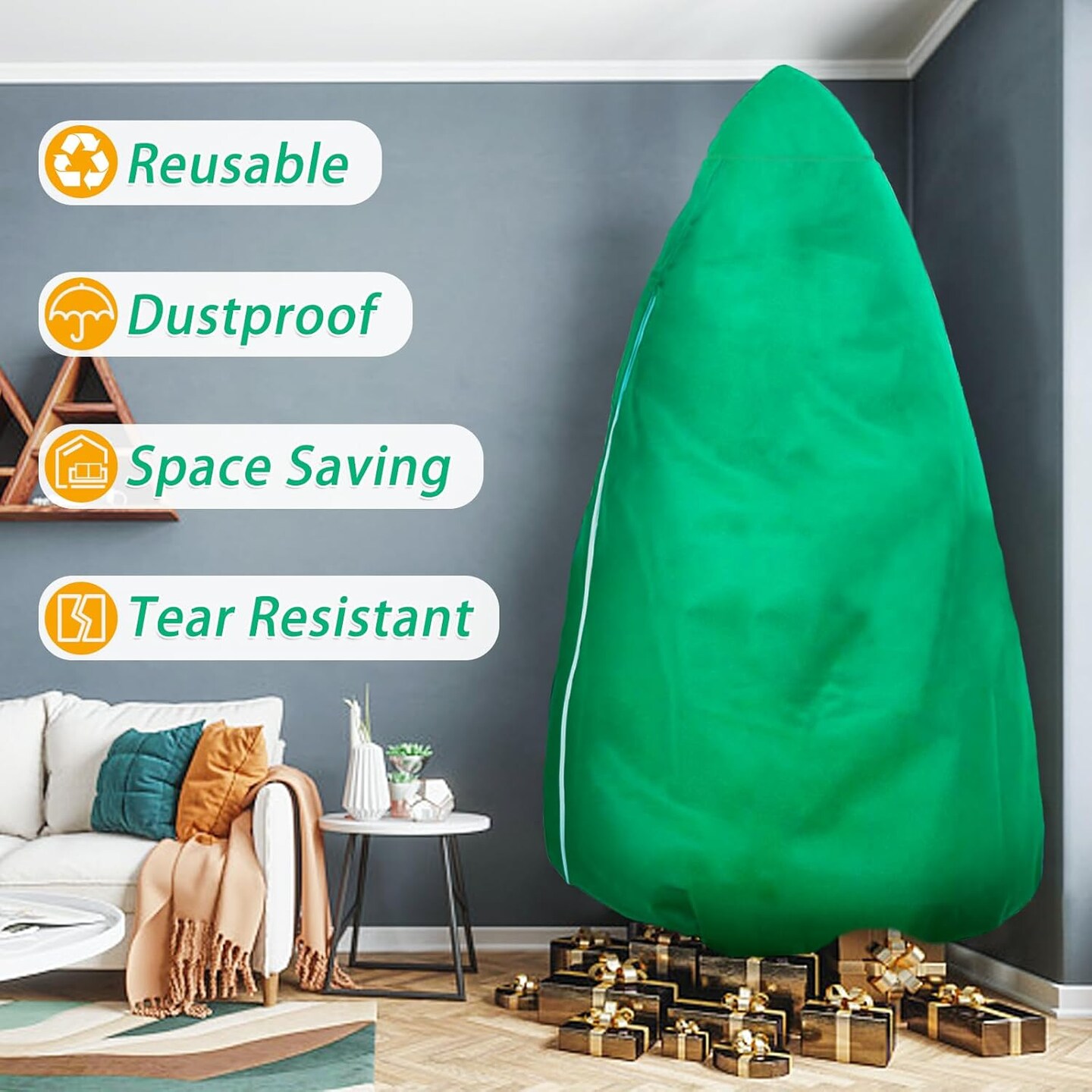 Upright Christmas Tree Storage Bag, Christmas Tree Cover for Up to 9FT x 6FT Standing Artificial Xmas Tree with Ornaments, Large Holiday Assembled Christmas Tree Bag with Zipper and Drawstring(Green)