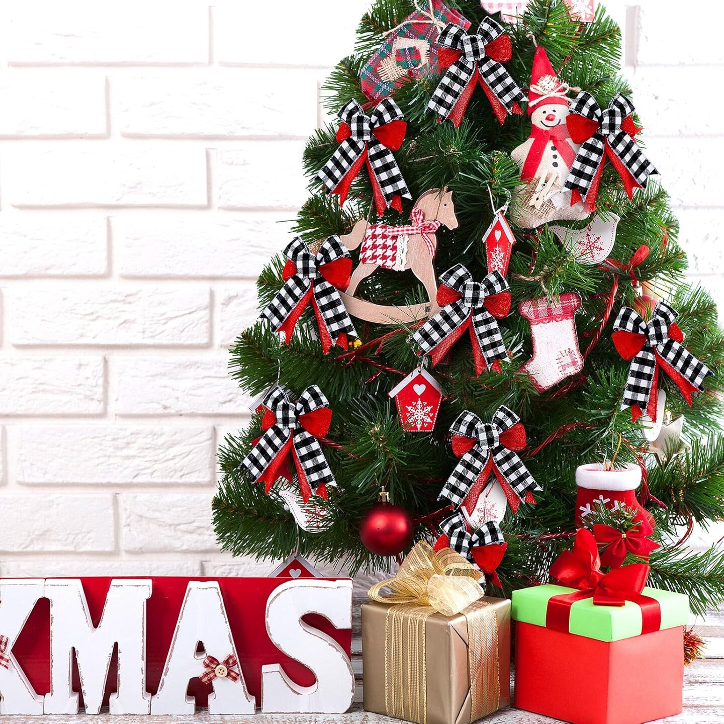 12 Pieces Christmas Burlap Bows Tree Bows Rustic Crafts Wreath Bow Xmas Holiday Decor Ornaments for Christmas Tree Crafts Home Wedding Birthday Decoration 5 x 7 Inch (Plaid)