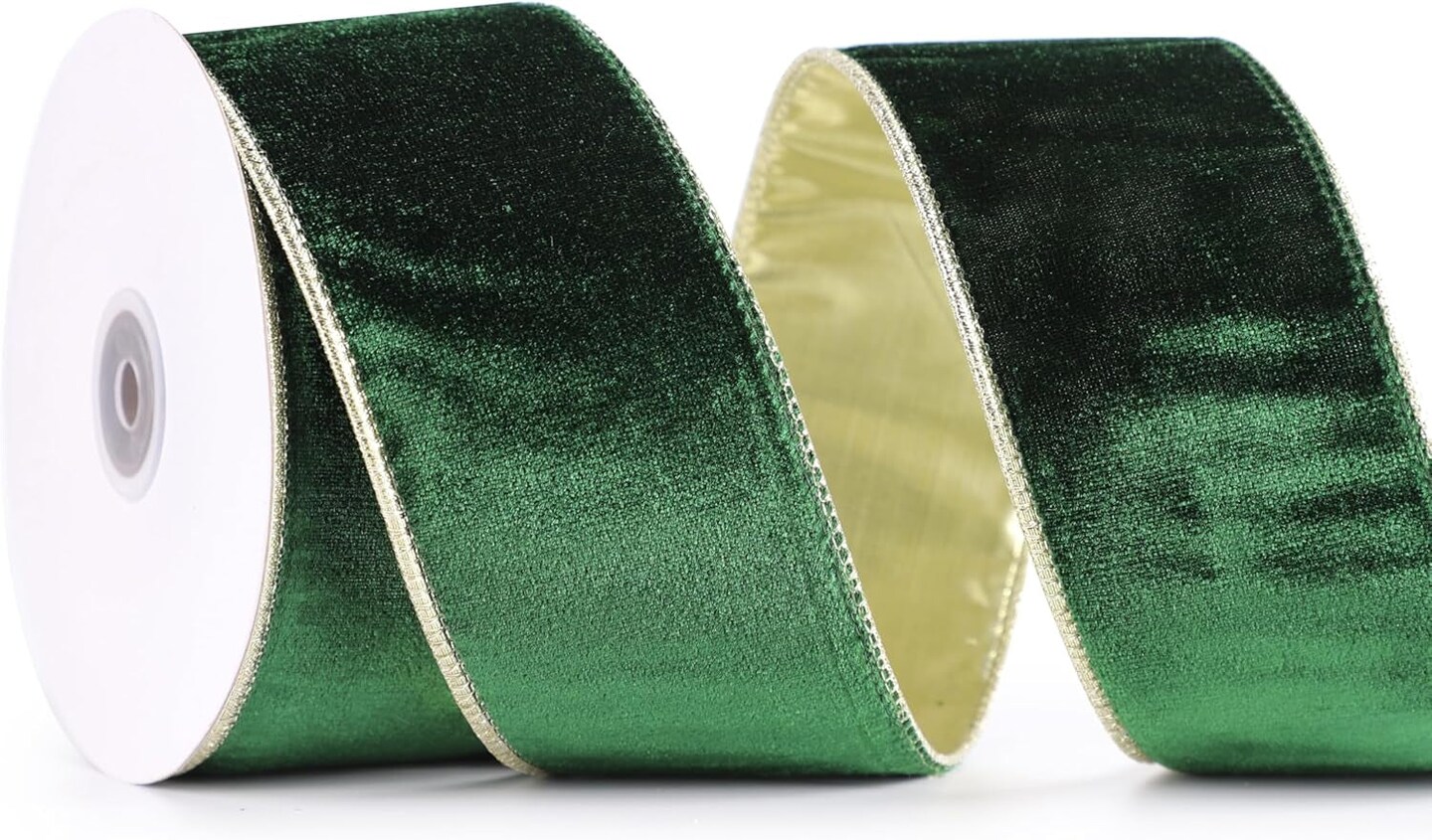 Green Velvet Ribbon Wired 2.5&#x22; X 10 Yards Dark Green Christmas Ribbon with Gold Backside, Green and Gold Christmas Tree Ribbon for Decorations, Wreaths, Crafts, Home Decor, Gift Wrapping