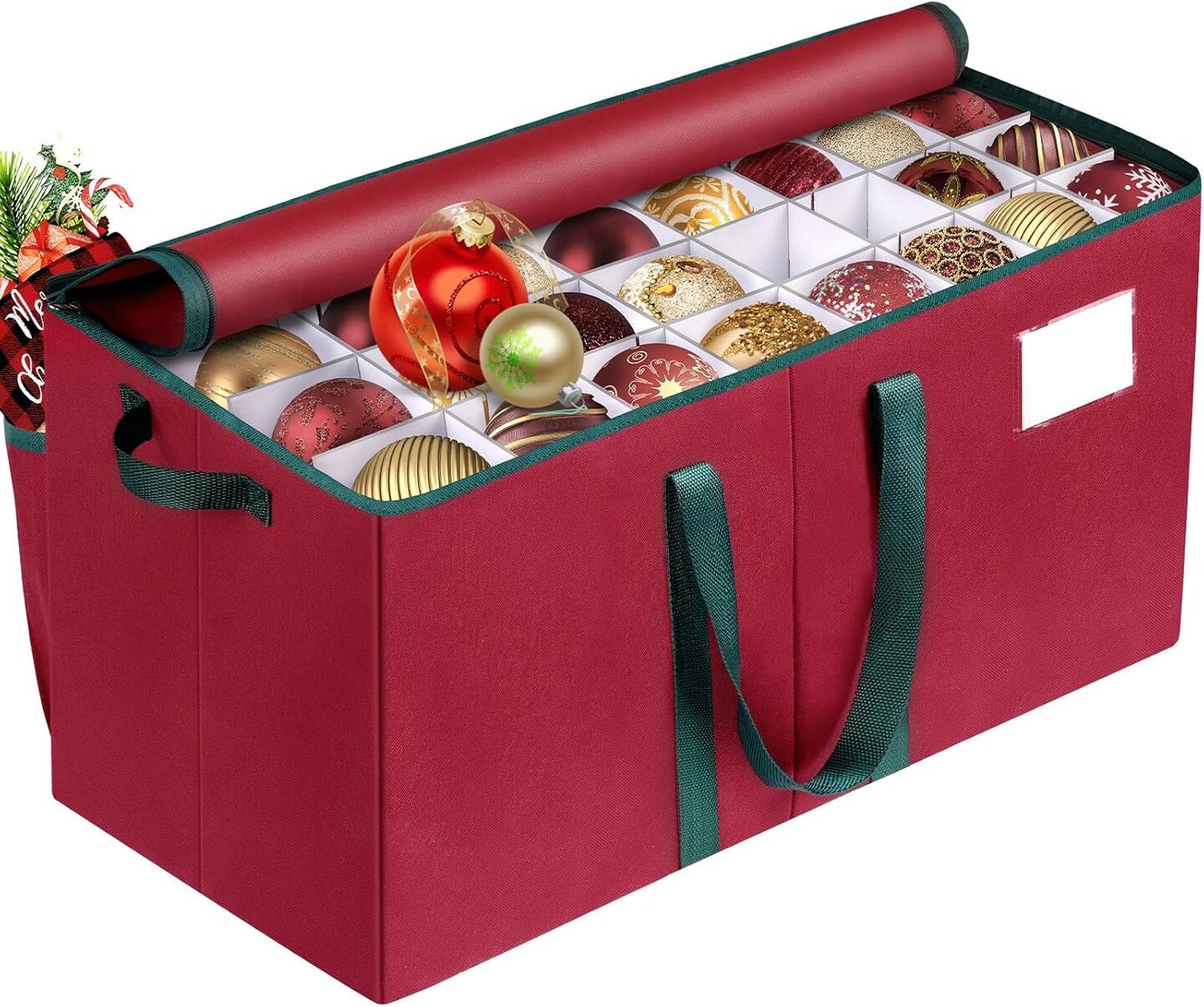 Christmas Ornament Storage Box, Store Up to 128 Ornaments, Durable Christmas Storage Container, Dual Zipper &#x26; Adjustable, Large Organizer Bin to Protect and Store Holiday Ornaments(Red)