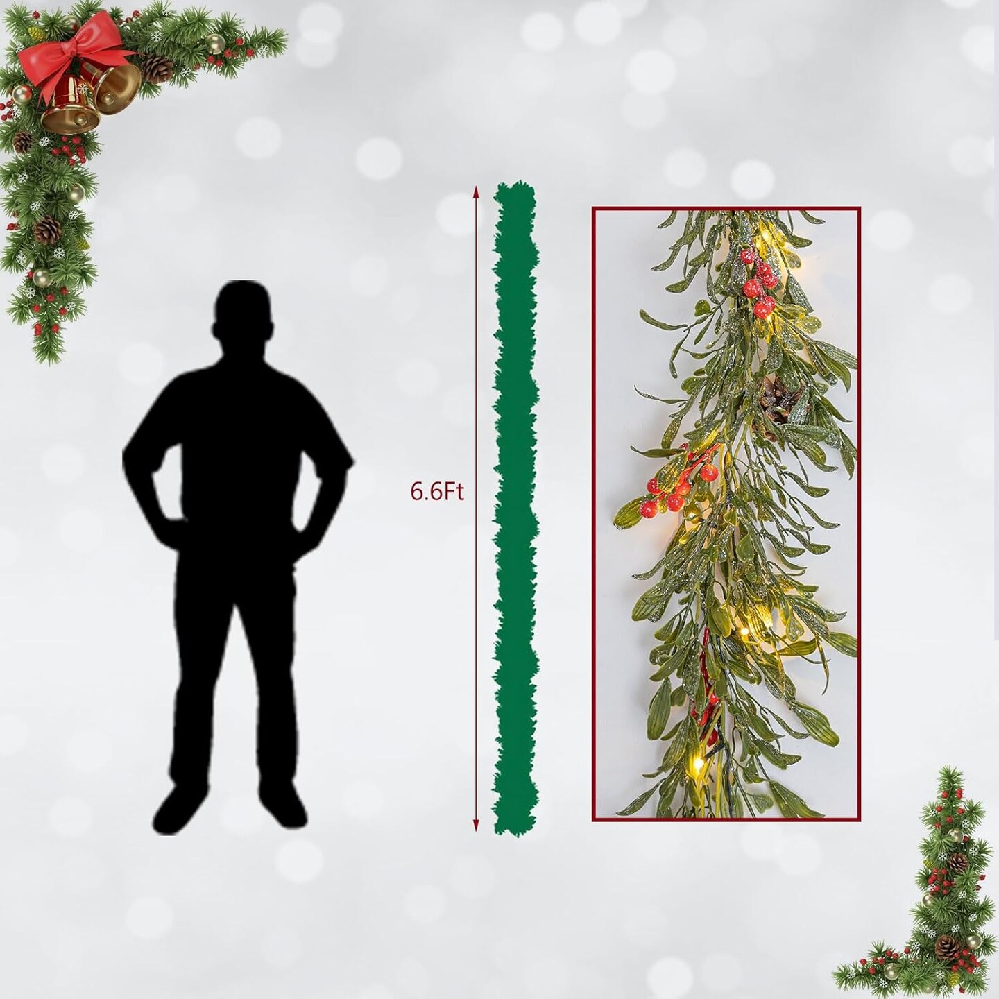 6.6FT Lighted Christmas Garland Prelit with 20 Led Lights, Flocked Garland Decorated with Pine Cones, Red Berry, Battery Operated with Timer for Mantle Stairs, Indoor Outdoor Decorations