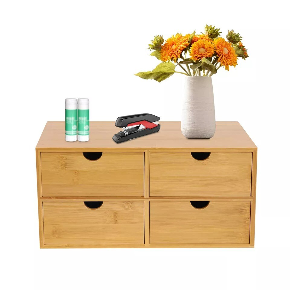 Bamboo Desk Organizer with 4 Drawers Tabletop Mini Small Drawer Storage Box