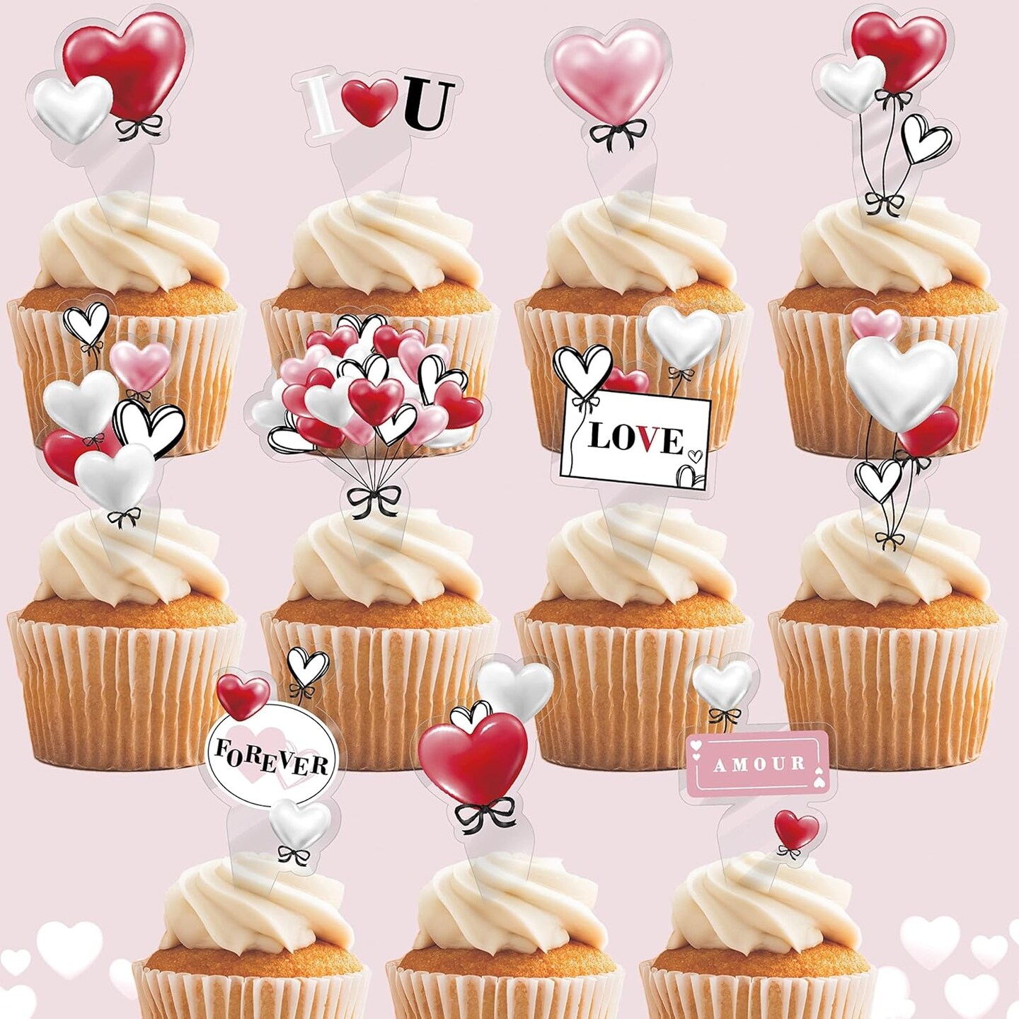 33 Pcs Love Heart Cupcake Topper Red White Pink Valentine&#x2019;s Day Muffin Cake Decorations Mothers Day Birthday Proposal Engagement Anniversary Party Supplies Love Romantic Topper Bulk Picks