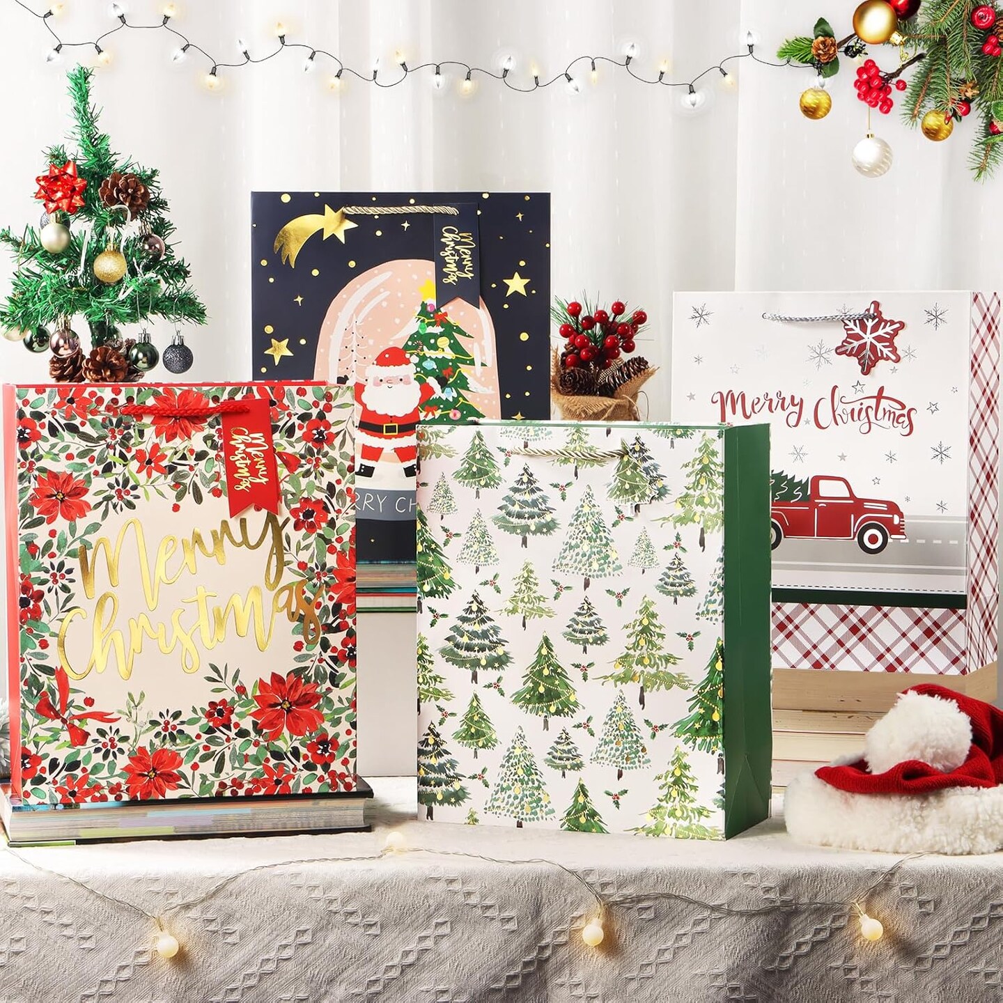 16 Pack Large Christmas Paper Bag for Gift Wrap 10x5x13 inch, 4 Styles Gift Bags Bulk with Handles as Goodies Bags, Party Bags, Favor Bags(Xmas Mix Pattern, 10x5x13 inch)