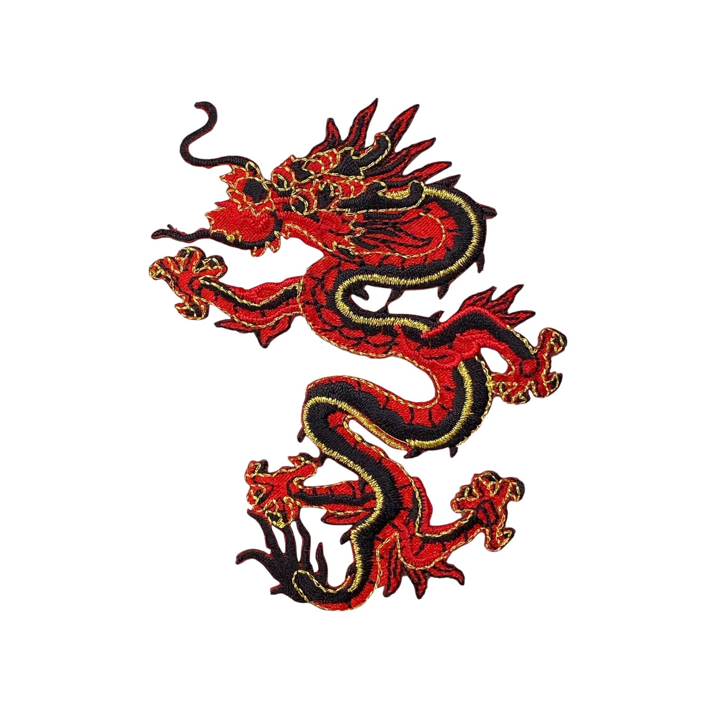 4" Red Chinese Dragon Facing Left, Embroidered, Iron on Patch