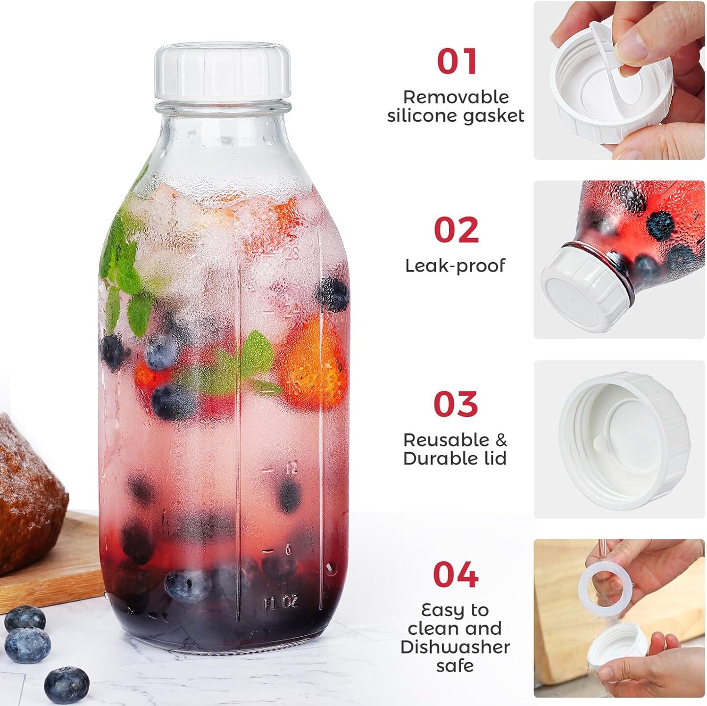32 oz Reusable Glass Milk Bottles with Silicone Dispenser Cap, 2 Pack Glass Jars with Airtight Screw Lid, Leak Proof Glass Juice Bottles with Scale Mark for Fridge