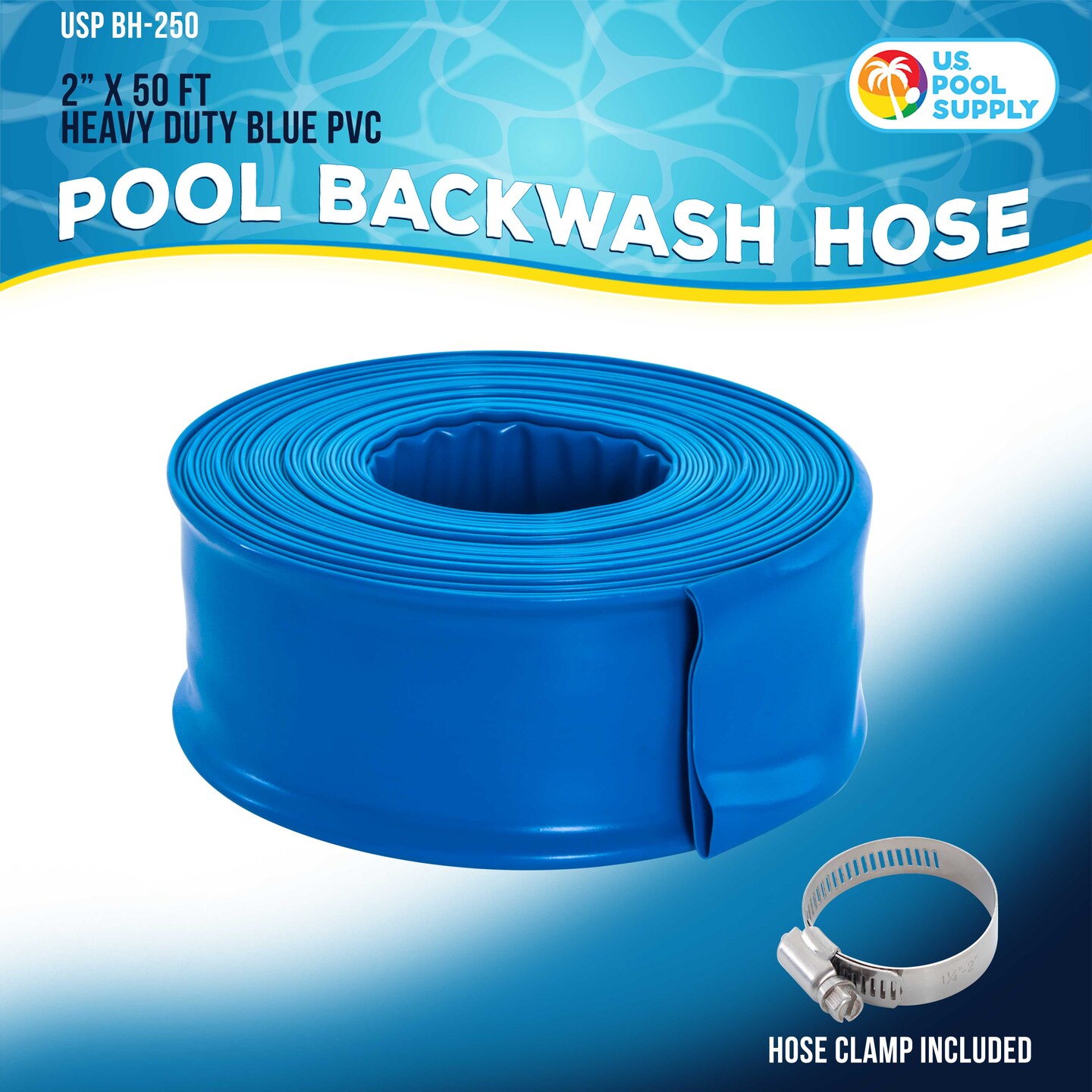 U.S. Pool Supply&#xAE; 2&#x22; x 50&#x27; Heavy Duty Blue Swimming Pool Backwash Hose with Hose Clamp