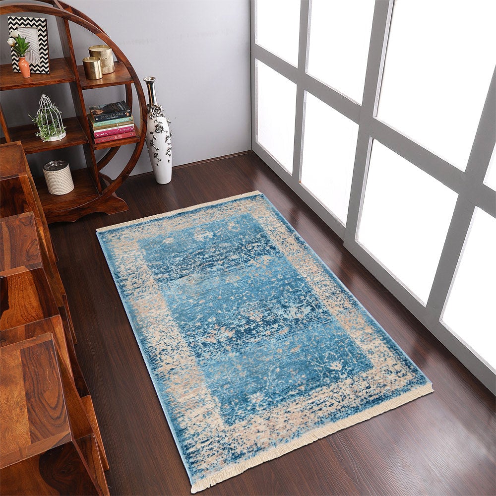 Rugsotic Carpets Machine Woven Crossweave Polyester Area Rug Oriental Blue M00074